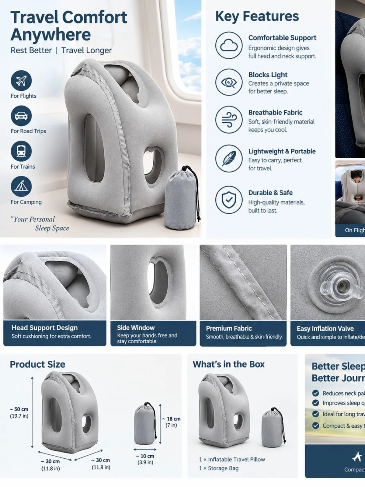 Grey Inflatable Travel Pillow with Storage Bag