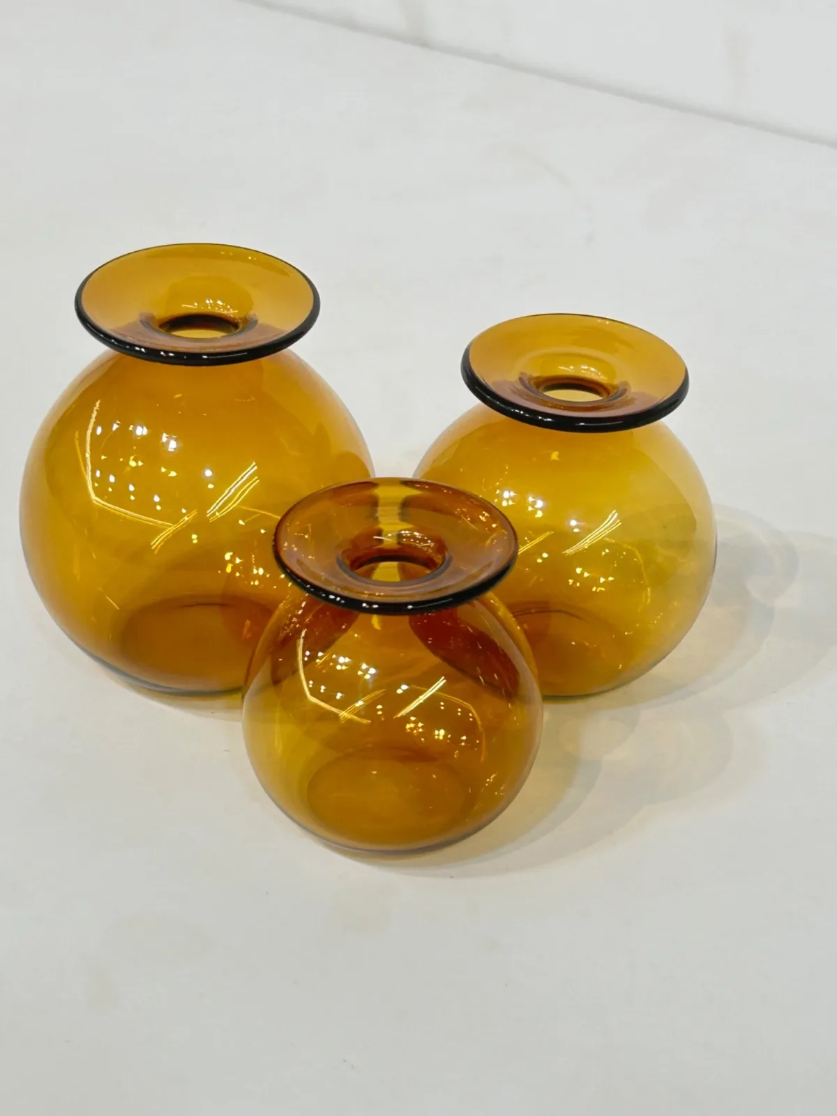 Set of 3 Amber Glass Round Vases